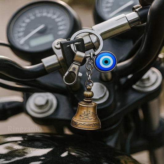 Guardian Bell Keychain for Bike & Car | Tibetan Texture Bell Keychain with Evil Eye & Silver Hook | Good Luck Charm | Guardian Bell Key Chain