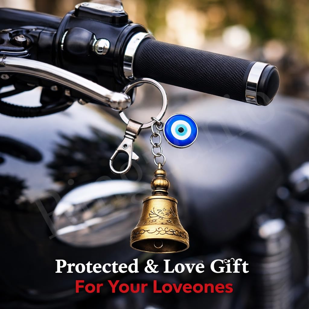 Guardian Bell Keychain for Bike & Car | Tibetan Texture Bell Keychain with Evil Eye & Silver Hook | Good Luck Charm | Guardian Bell Key Chain