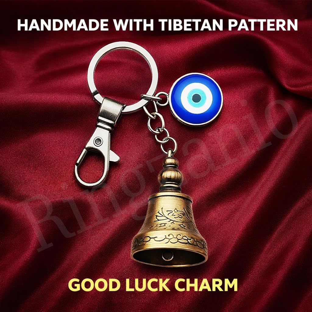 Guardian Bell Keychain for Bike & Car | Tibetan Texture Bell Keychain with Evil Eye & Silver Hook | Good Luck Charm | Guardian Bell Key Chain