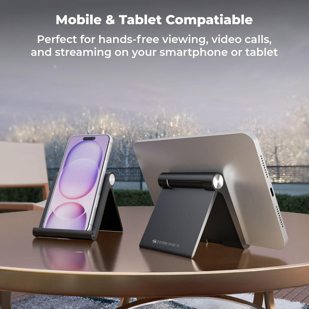 ZEBRONICS Foldable Mobile & Tablet Stand, Multi-Angle Adjustable, Supports Up to 30.48cm Devices, Lightweight & Portable Design (MTS30)