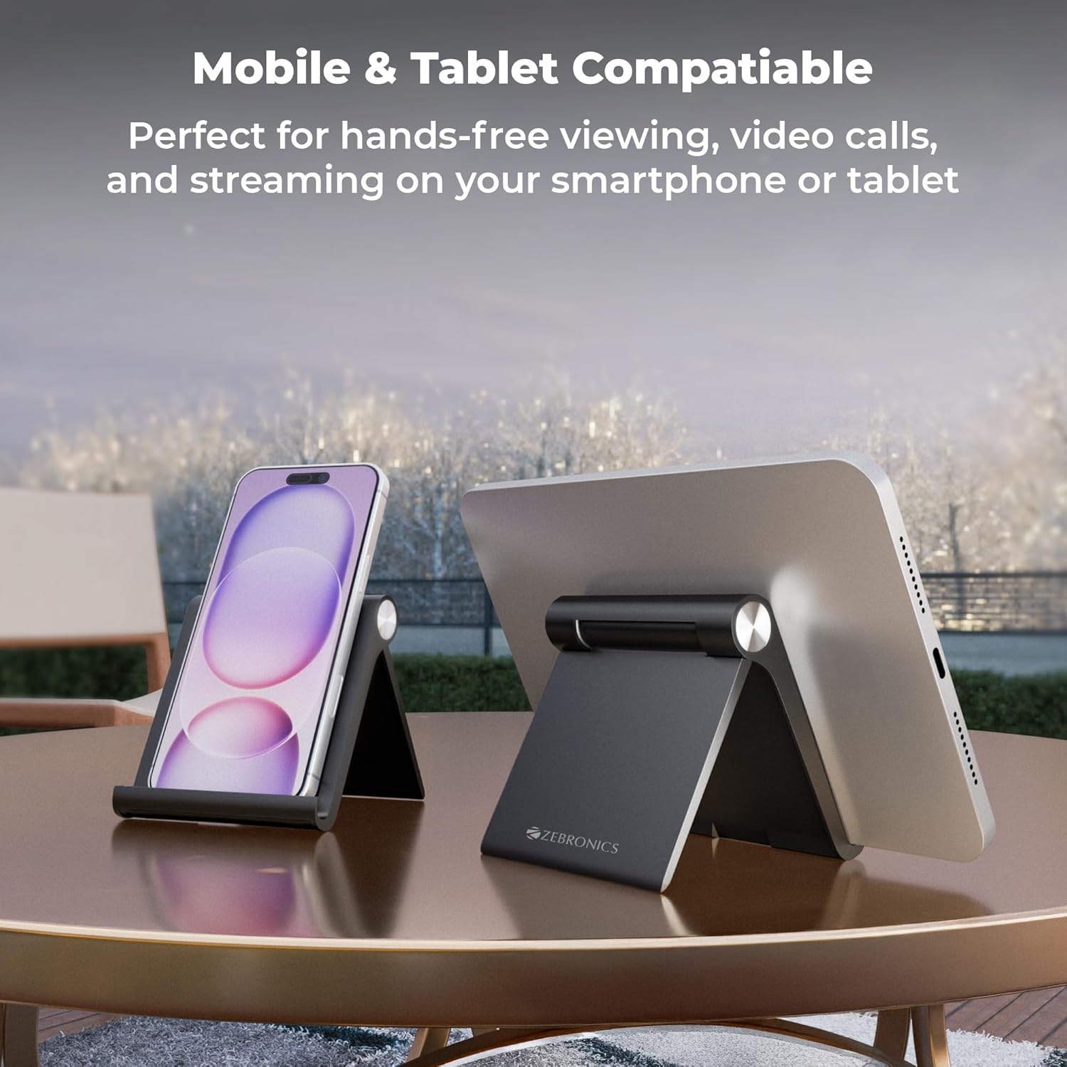 ZEBRONICS Foldable Mobile & Tablet Stand, Multi-Angle Adjustable, Supports Up to 30.48cm Devices, Lightweight & Portable Design (MTS30)