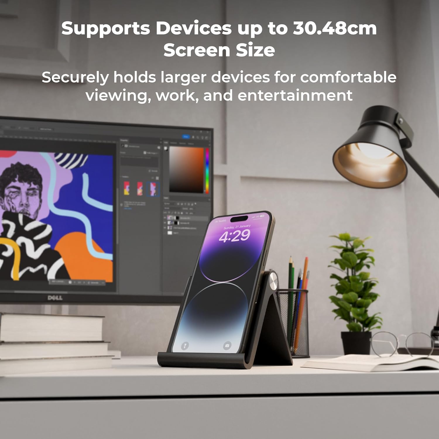 ZEBRONICS Foldable Mobile & Tablet Stand, Multi-Angle Adjustable, Supports Up to 30.48cm Devices, Lightweight & Portable Design (MTS30)